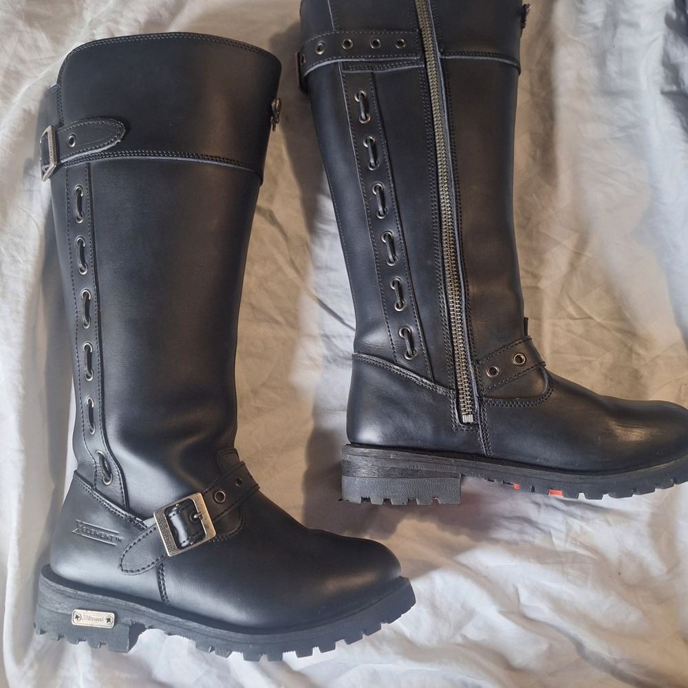 Xelement Womens Black Leather Motorcycle Boots Skull Biker Knee High Size 9 USA